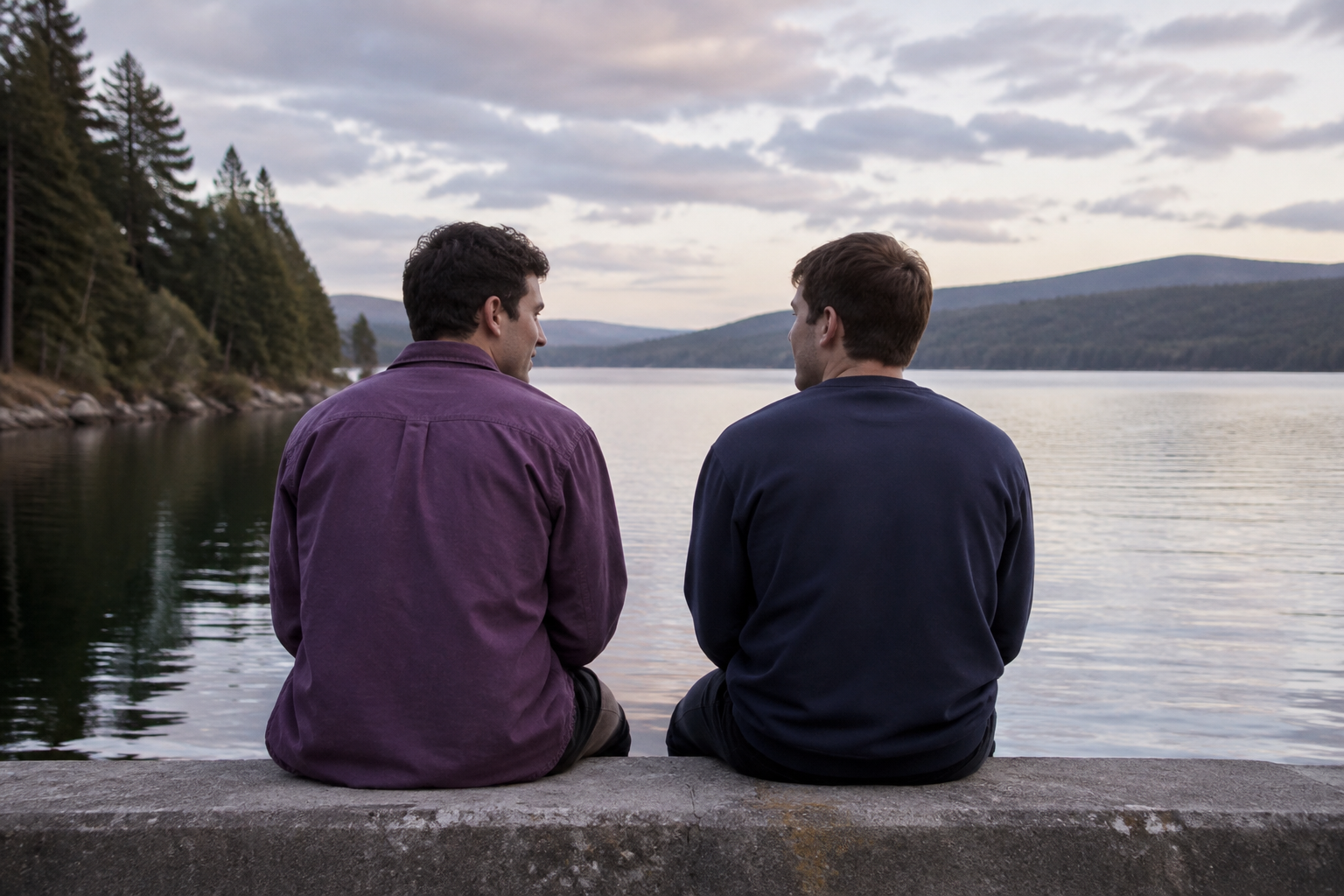 Two friends sitting together beside a quiet lake